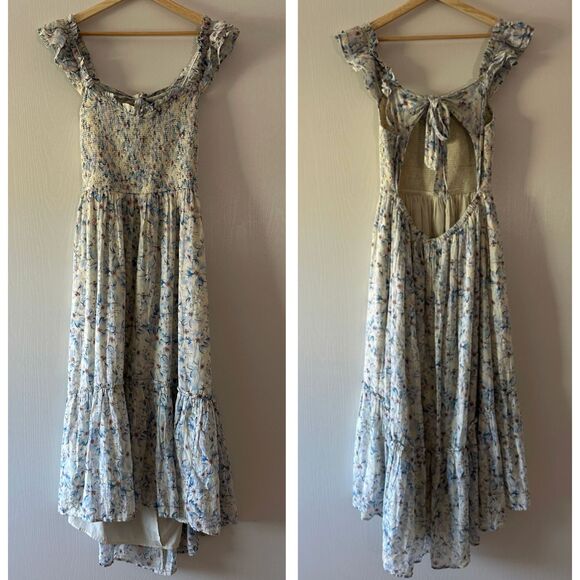 American Eagle Womens Floral Flutter Sleeve Smocked Midi Dress Blue Large NWT - Picture 1 of 7